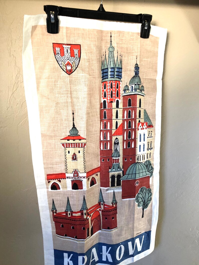 Vintage Krakow Poland Linen Tea Towel In Mint Condition