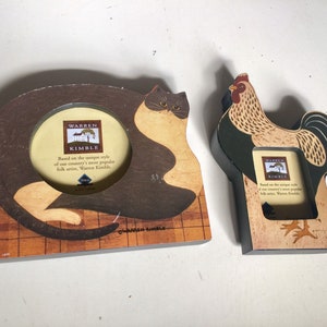 PAIR of Vintage Warren Kimble Painted Folk Art Photo Frames With Cat and Rooster