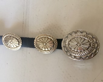Vintage Black Leather ALPACA Mixed Metal Concho Belt Mexican Made Great SouthWest Style