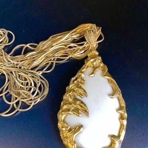 Medallion Necklace Inspired by &quot;Love Witch&quot; Movie, Vintage White & Gold Brutalist Pendant, Cult Classic Jewelry