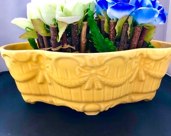Vintage CALIFORNIA USA Made Yellow Ceramic Planter With Bow