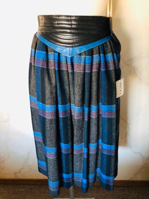 Escada, Vintage "New Old Stock" ESCADA Grrman Made 100% Wool Plaid and Leather Womens Skirt