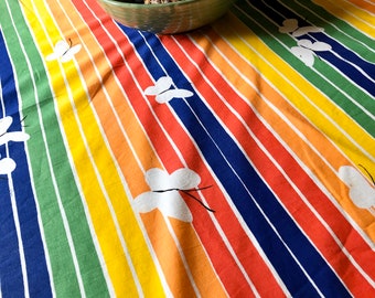 Vintage VERA NEUMANN Bold Rainbow Striped Tablecloth With Butterflies (68” Diameter)