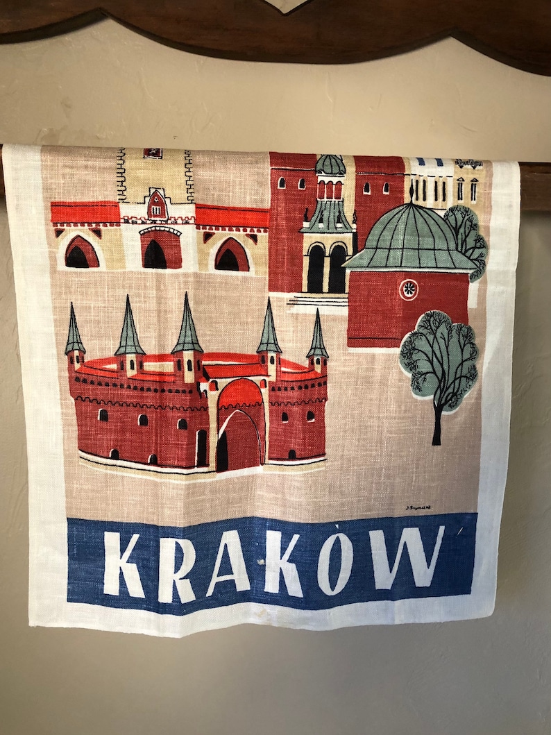 Vintage Krakow Poland Linen Tea Towel In Mint Condition