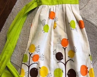 Vintage Cotton Apron Retro Style Colorful Fun Chef Apron for Moms, Artists, Foodies, Kitschy Bird Design, Modernist Kitchen Decor