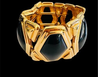 Vintage SMB Sandra Miller Burrows for Monet Gold Metal & Black Cabochon Statement Bracelet, 1980s Designer Jewelry