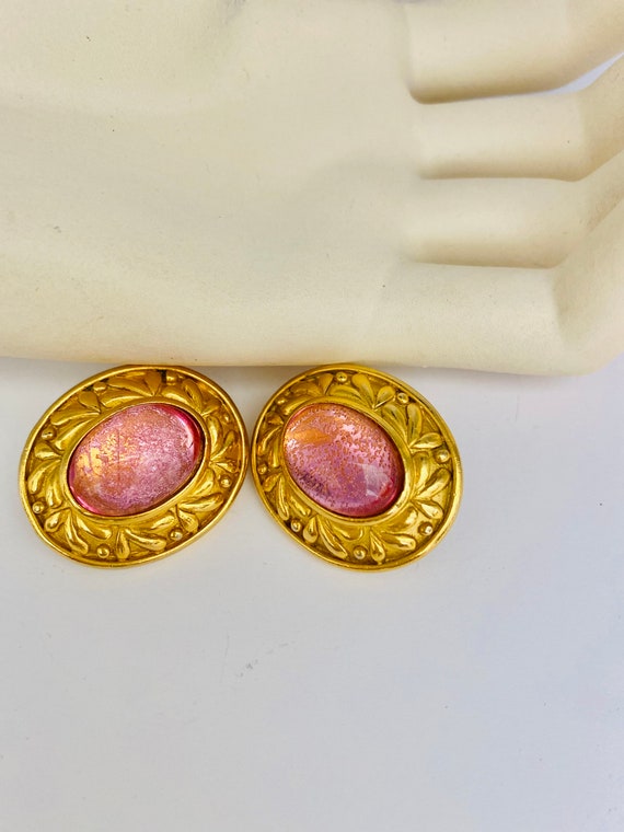 Vintage Pretty in Pink Cabochon Earrings by TRIFA… - image 9