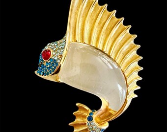 Vintage Trifari Sailfish Pin—Rare Norman Bel Geddes Jelly Belly Brooch, 1996 Lucite & Rhinestone, Patented Book Piece Jewelry Gift