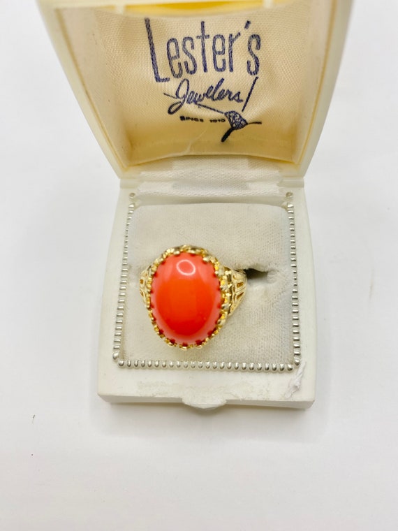Vintage SETA Gold Ring With Faux Coral Cabochon