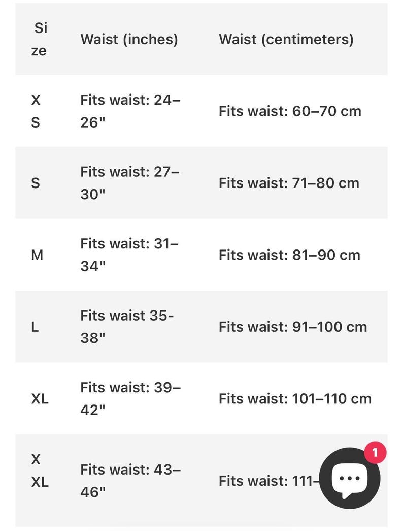 May include: A size chart showing waist measurements in inches and centimeters. Sizes range from XS (24-26 inches, 60-70 cm) to XXL (43-46 inches, 111-120 cm). The chart is on a white background.