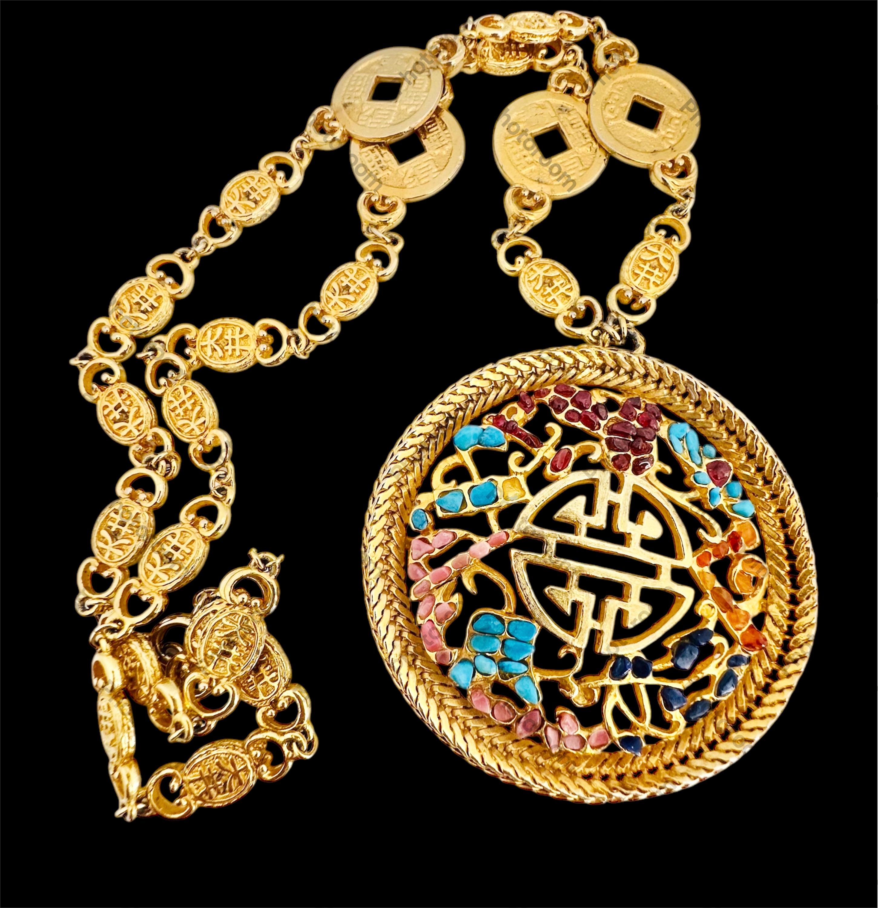 Swoboda Necklace Vintage US-Made Chinoiserie Pendant with Semi-Precious Stone Chips, Gold Chain, Rare Asian Chic Jewelry