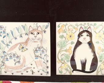 Pair of LINDA DOUGLAS UK Designer Vintage Cat Themed Ceramic Tiles Trivets