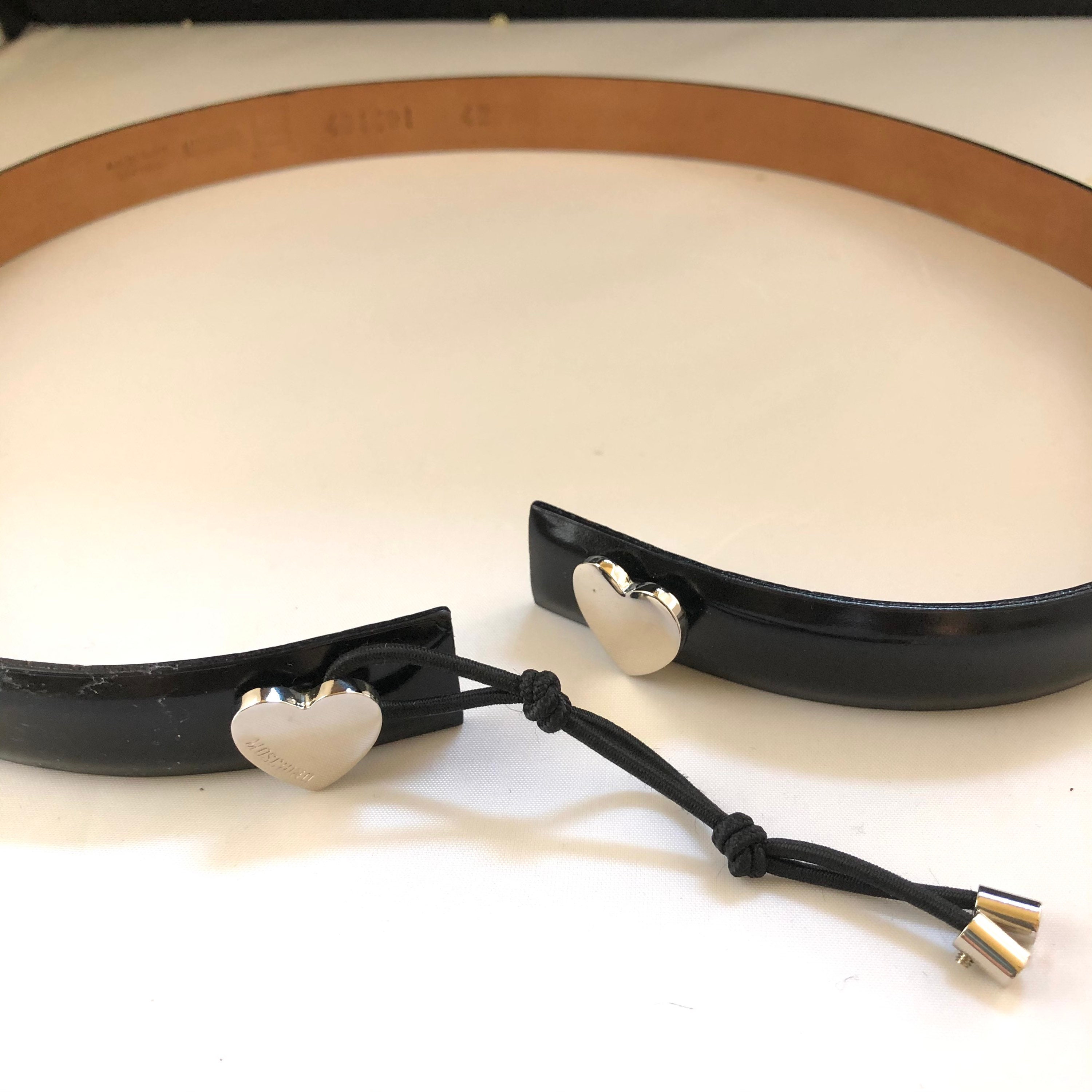 Vintage MOSCHINO Italy Thin Designer Black Belt With Silver 