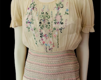Vintage 1960s Dress Hungarian Cotton Lawn: Embroidered Floral Peasant, Smocked Waist, Sheer Size 6 Small