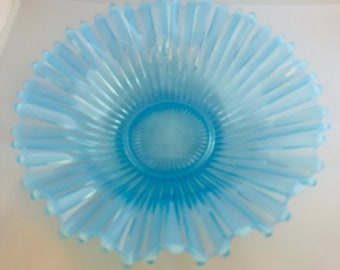 FOSTORIA US Made Blue Opalescent Art Glass Ruffled Coffee Table Bowl