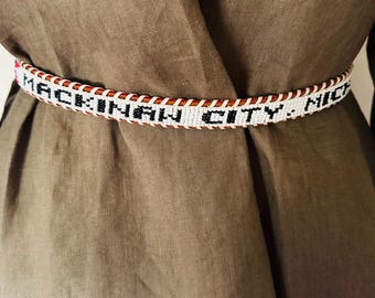 Vintage Glass Beaded Brown Leather Souvenir Belt from Macinaw City Michigan