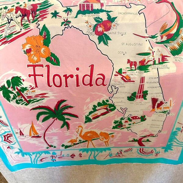 Vintage State of FLORIDA SOUVENIR Mid Century Made in Japan Rayon Scarf (29 by 30”)