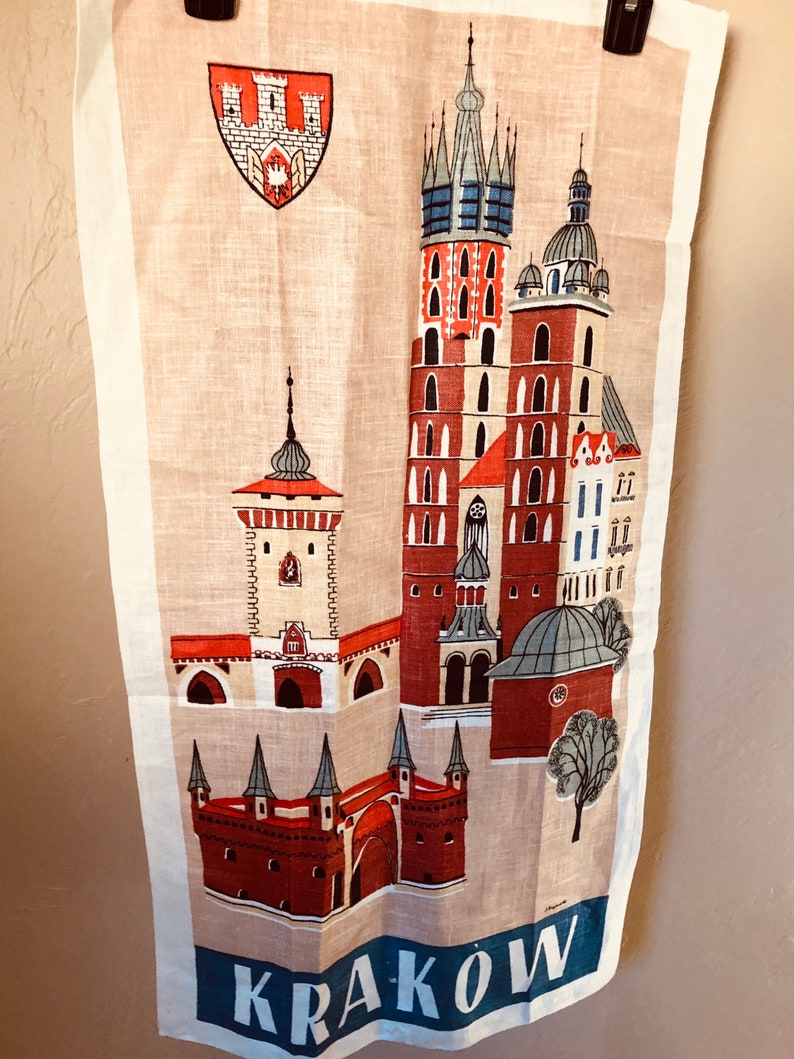 Vintage Krakow Poland Linen Tea Towel In Mint Condition