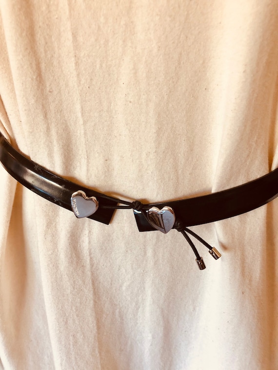 Vintage MOSCHINO Italy Thin Designer Black Belt With Silver 