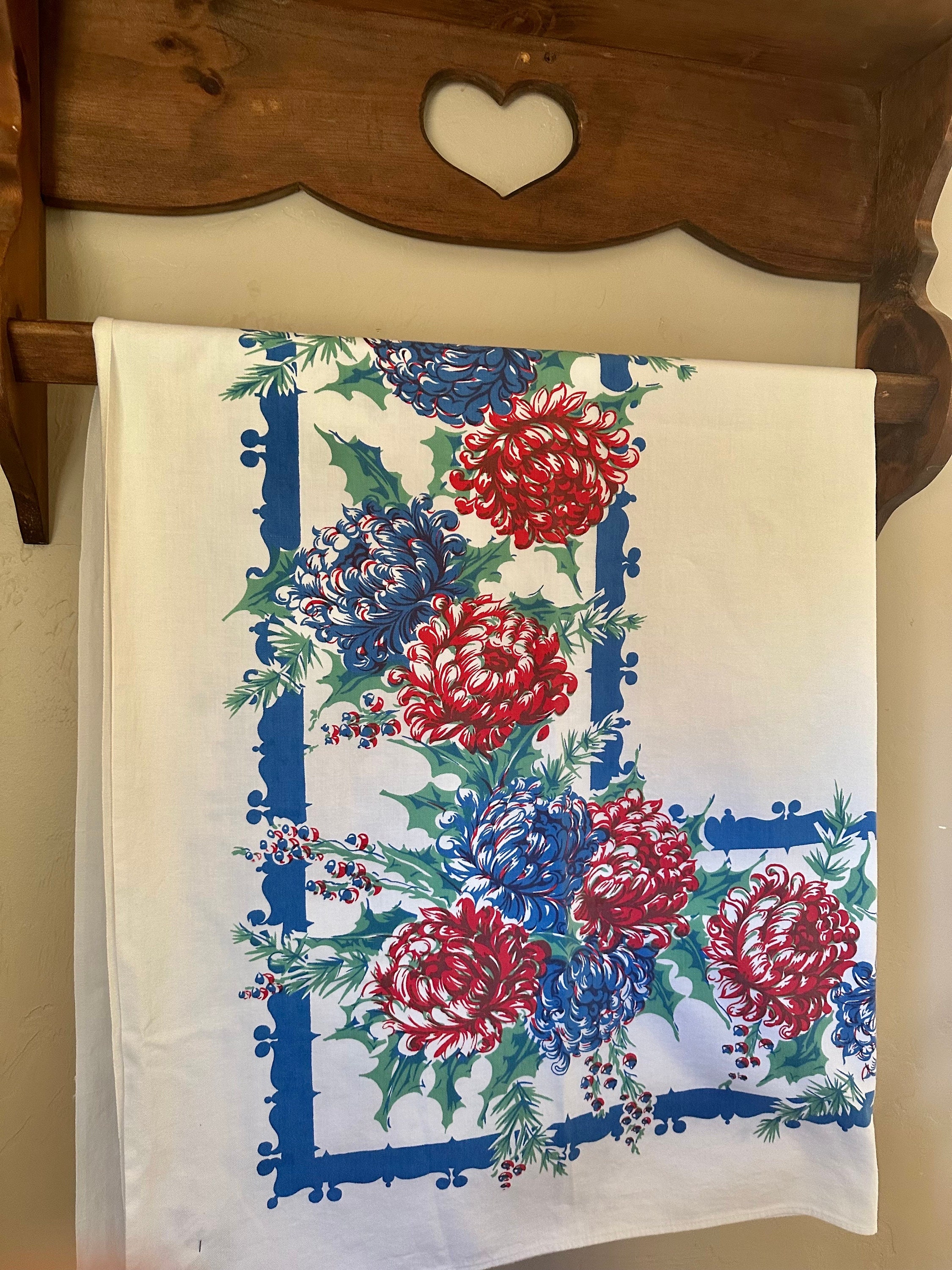 Vintage Red White and Blue Mid Century Era Cotton Floral Tablecloth