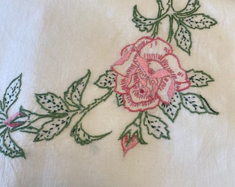 Vintage EMBROIDERED ROSES Cotton Pillowcases With Crocheted Hems STD Size