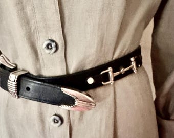 Vintage Womens Signed Tory Black Leather Belt With Silver Horsebit Accents, Western Cowgirl Accessory, Southwest Style