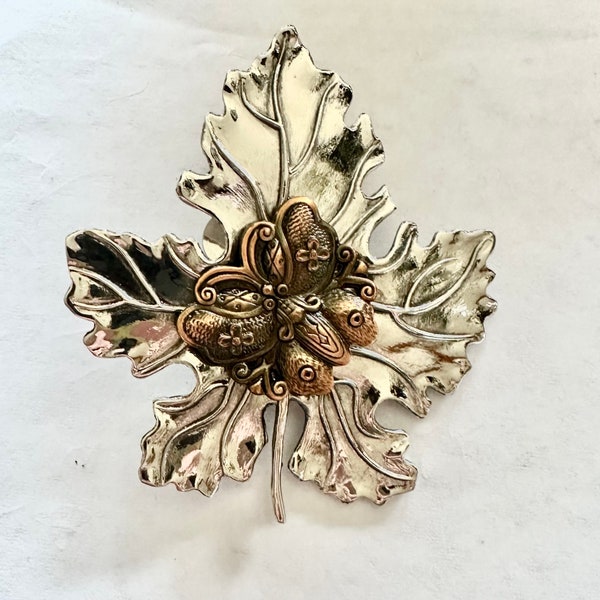 Vintage JOHN HARDY For Neiman Marcus Silver Leaf with Applied Copper Butterfly Dress Clip or Pin