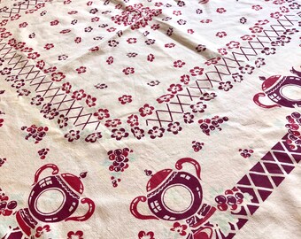Charming 1940s Cottage Chic “Teapots and China” Cotton Tablecloth Cutter?