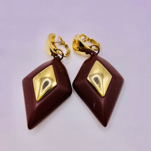 Napier Dangle Earrings Gold Metal Brown: Vintage Designer Pierced Earrings, 2 Geometric Book Piece Designs