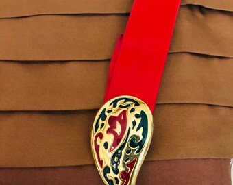 DOTTY SMITH Red Belt With Enameled Paisley Belt Buckle