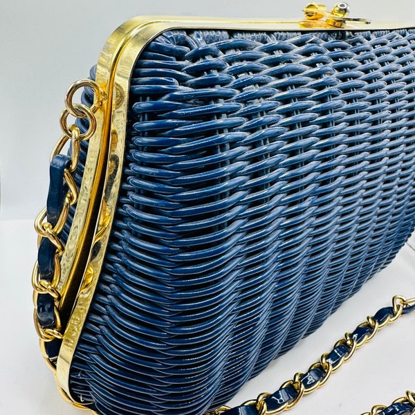 Vintage Made in Hong Kong Blue Wicker Purse Handbag Gold Hardware