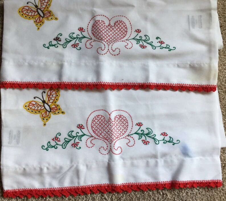 Pair of Vintage Stamped Pillowcases To Embroider Heart Etsy