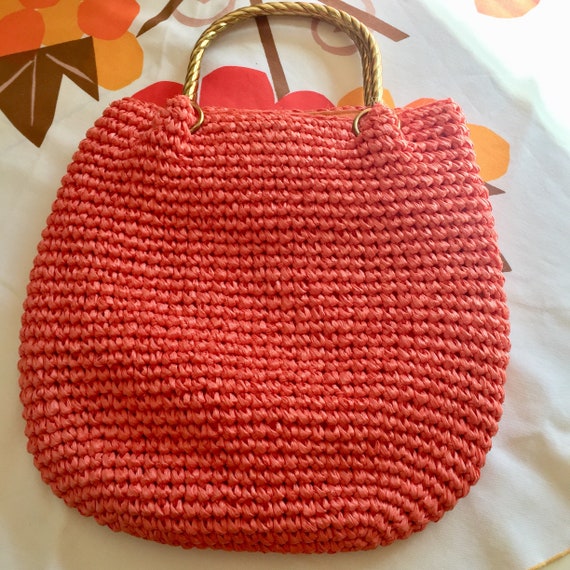 Vintage 1960’s Orange Raffia Handbag With Gold Me… - image 1