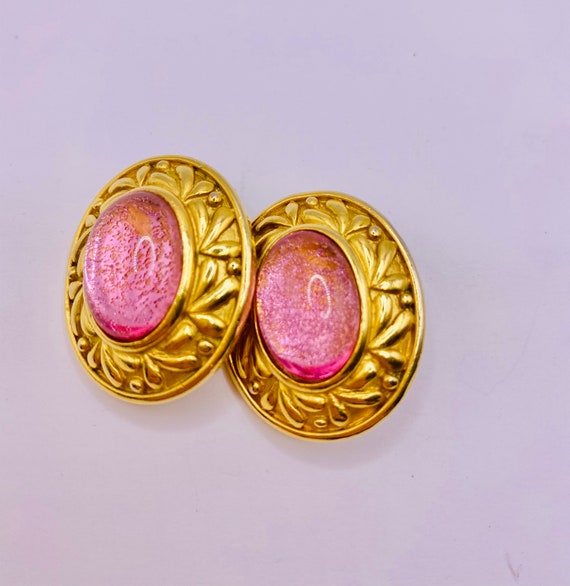 Vintage Pretty in Pink Cabochon Earrings by TRIFA… - image 2
