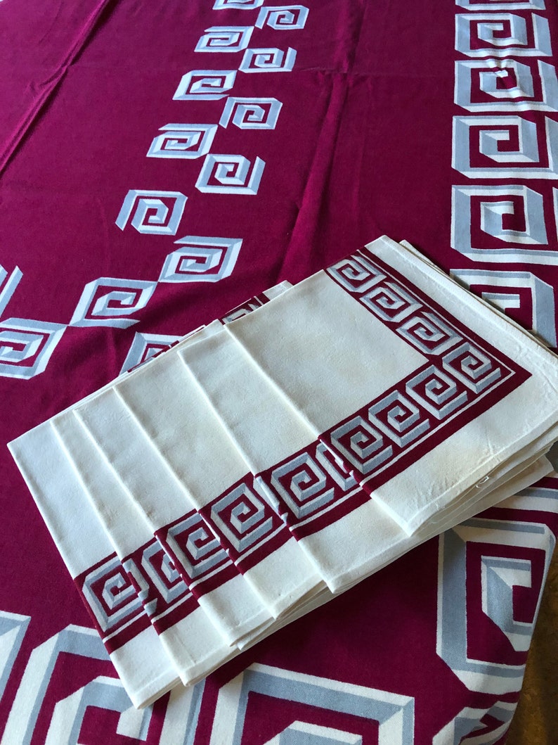 Vintage Burgundy Greek Key Tablecloth and 6 Napkins Etsy