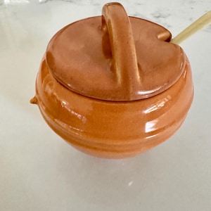 May include: A round, orange ceramic sugar bowl with a matching lid and handle. The lid has a notch for a wooden spoon. The bowl has a glossy finish and sits on a white surface. The spoon is partially visible.