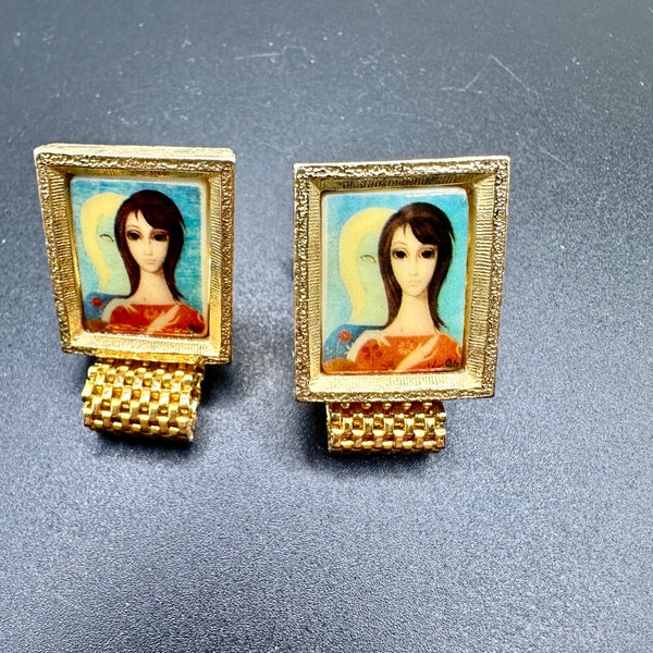 Vintage Sidney Mobell Margaret Keane BIG EYES Gold Cufflinks