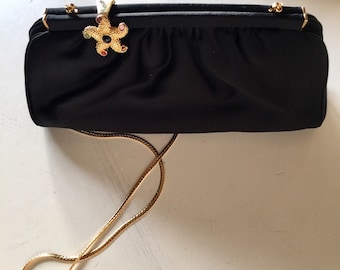 JUDITH LEIBER Designer Black Satin Evening Purse With Gold Starfish Closure