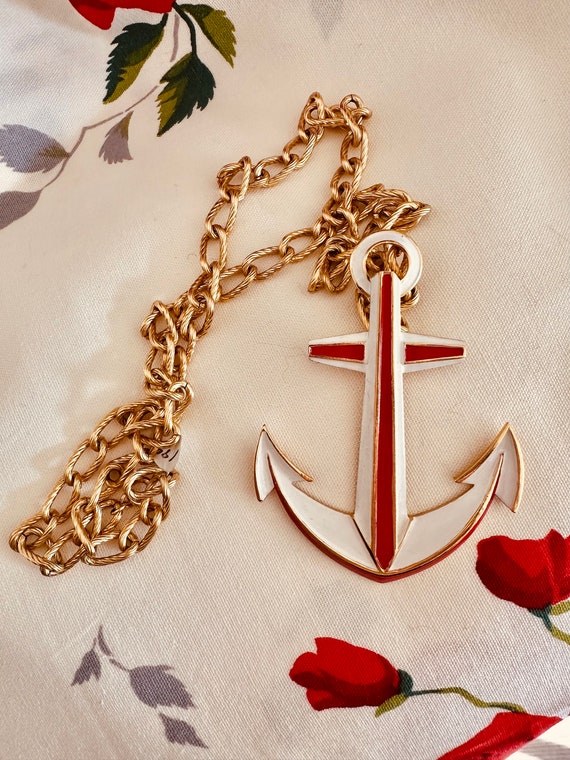 Vintage TRIFARI Red and White Enamel Anchor Pendan