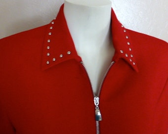 Red Hot 1970’s CACHE Zippered Wool Suit With Silver Studs (Size 6)