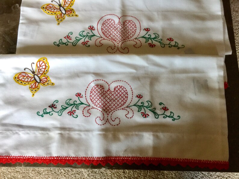 Pair of Vintage Stamped Pillowcases To Embroider Heart Etsy