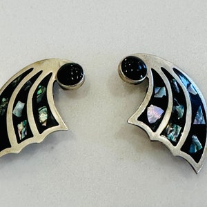 Vintage Alpaca Mexican Made Clip Earrings with Abalone Shell Accents