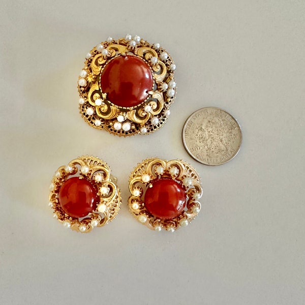 Vintage FLORENZA Signed Faux Carnelian and Seed Pearl Pin and Earrings Demi Parure
