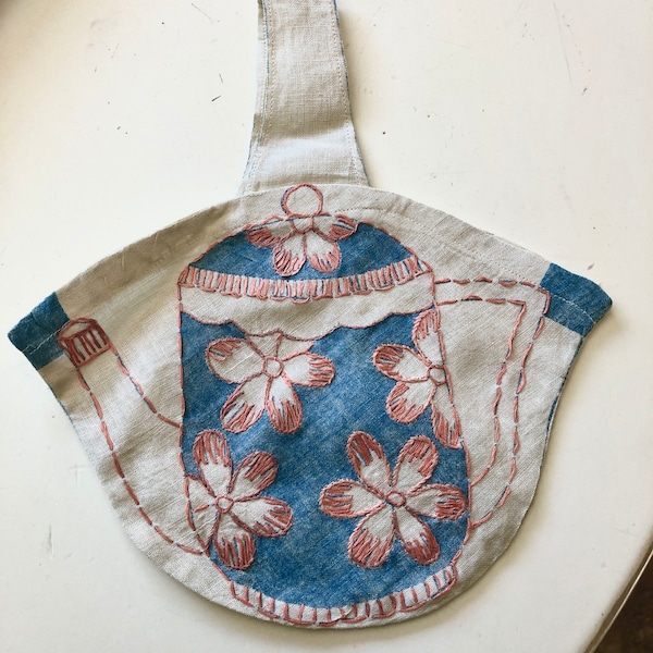 Vintage Stamped and Embroidered Basket With Teapot Design