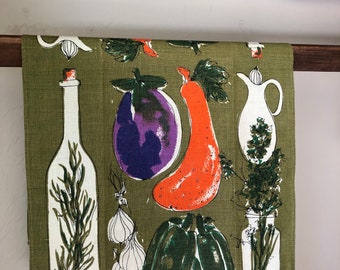 Vera Neumann Tea Towel – Vintage Avocado Green & Orange Collectible Linen, Vegetable Kitchen Decor, Gift for Foodie or Cook