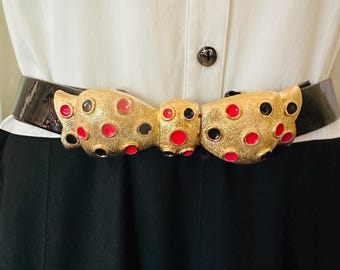 Vintage 1980s Mimi Di Niscemi Gold Polka Dot Enamel Bow, Black Patent Leather Designer Statement Belt, Made in Italy