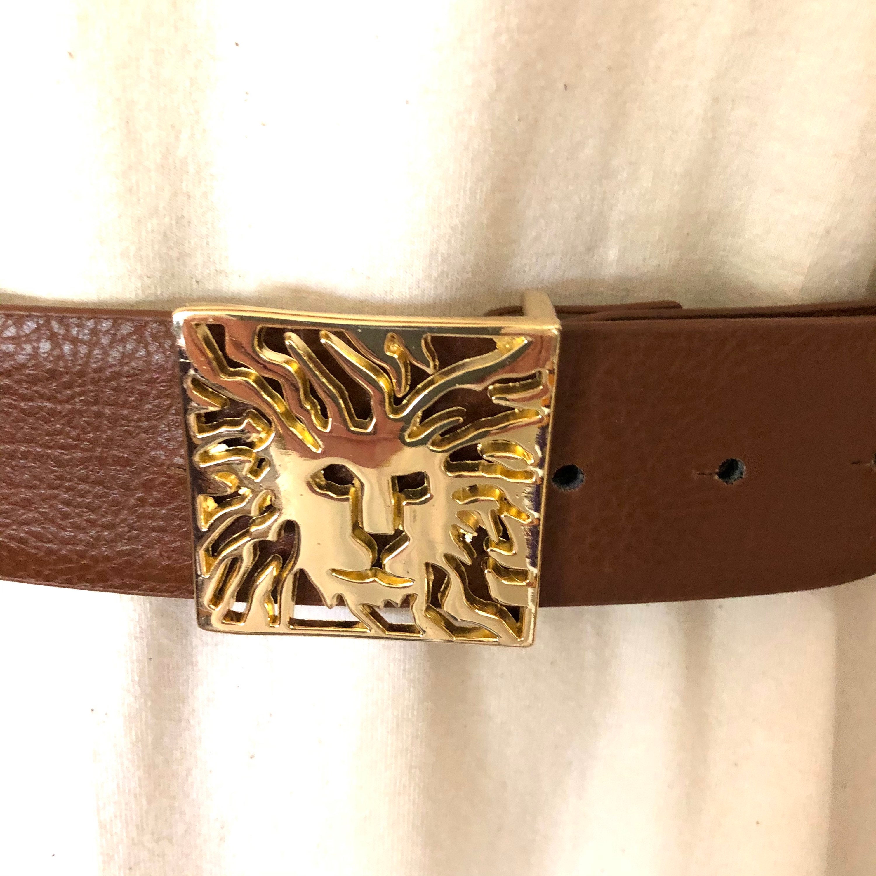 Vintage Gold Tone Metal Stretch Belt With Lion Head Buckke 