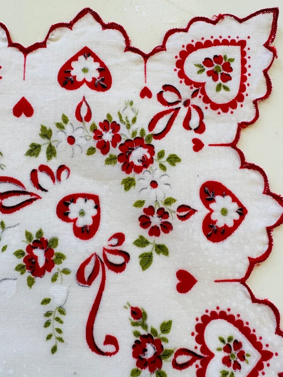 Vintage Red Scalloped White Cotton Handkerchief Wi