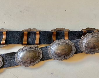 Vintage Sterling Silver Adjustable Concho Belt Black Leather Navajo Indian Silversmith Marcella James, Small Size