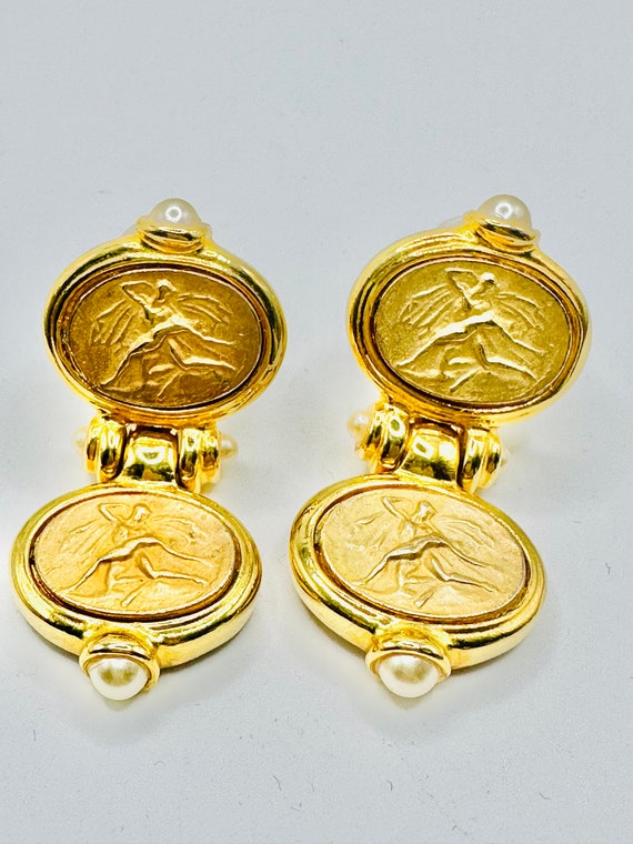 Vintage 2 Part Gold Earrings With Intaglios and I… - image 1